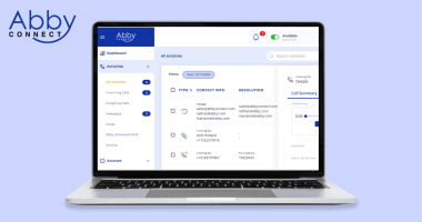 A laptop displays the Abby Connect Call Answering Service dashboard with tabs for activities, calls, and account. The screen shows a list of contacts, call details, and a sidebar for call summaries on a light blue background.