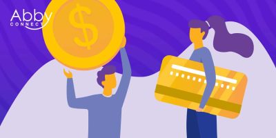 Illustration of two people: one holding a large gold coin with a dollar sign, the other holding an oversized credit card. The background features abstract purple and white shapes with “Abby Connect” logo in the top left corner.