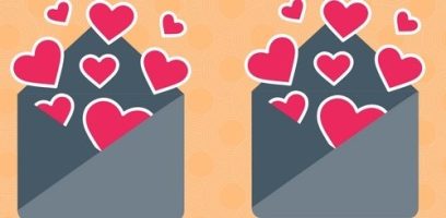 Two gray envelopes filled with red and pink hearts, set against a peach-colored background with circular patterns.