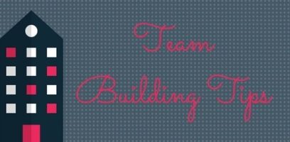 customer_service_blog_62 A graphic with a stylized building on the left and the words Team Building Tips in pink script on a dotted gray background.