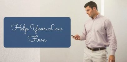 customer_service_blog_67 A man in a light purple button-down shirt and white pants looks at his phone. Next to him, a blue box with white cursive text reads Help Your Law Firm.