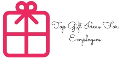 A pink outline of a gift box with a bow is on the left, and the text “Top Gift Ideas For Employees” is written in cursive on the right against a white background.