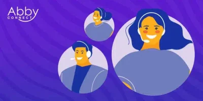 Illustration of three smiling customer service representatives wearing headsets, with the Abby Connect logo in the top left corner on a purple wavy background.
