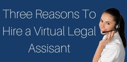email_newsletter_subimages_500x245_2 A woman wearing a headset and smiling is on the right side of the image. The text reads: Three Reasons To Hire a Virtual Legal Assistant on a dark blue background.