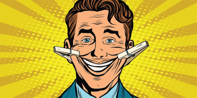 A cartoon man with blue eyes smiles widely while two clothespins pull the corners of his mouth up. The background features bright yellow rays and dots in a comic book style.