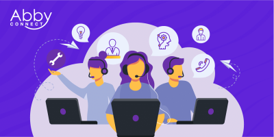 Three people with headsets work on laptops, surrounded by icons representing ideas, communication, and customer support, with Abby Connect logo in the top left on a purple background.