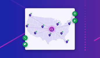 Illustration: a U.S. map with franchise locations connected to one central receptionist hub