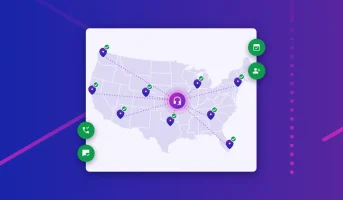 Illustration: a U.S. map with franchise locations connected to one central receptionist hub