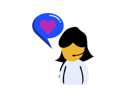 friendly-positive-language-hero Illustration of a person with a headset, representing customer support, with a blue speech bubble containing a purple heart, symbolizing helpful and caring service.