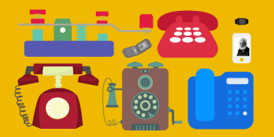 Illustration of various communication devices over time, including a telegraph, early telephones, rotary phone, modern mobile and landline phones, a hearing aid, and a photo of Alexander Graham Bell on a yellow background.