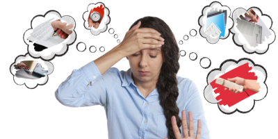 A woman holds her forehead and raises her hand in stress, surrounded by thought bubbles showing bills, a clock, paperwork, a credit card, and a declining graph, symbolizing financial anxiety.