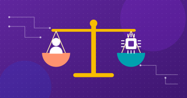 Illustration of a balance scale weighing a person and a computer chip