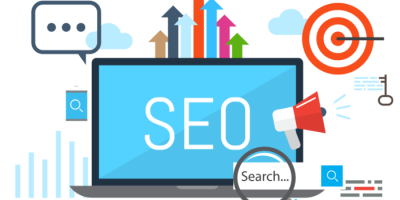 law-firm-seo-tips-for-lawyers-and-attorneys A laptop displaying SEO on the screen, surrounded by icons including a megaphone, search bar, upward arrows, a target, and a magnifying glass, representing search engine optimization concepts.