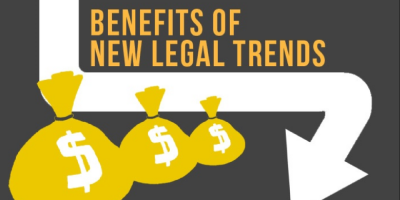 legal-infographic Illustration with three yellow money bags featuring dollar signs and a large white downward arrow. The text reads, Benefits of New Legal Trends. The background is dark gray.