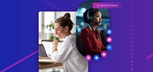 AI phone answering service illustration showing virtual receptionist with headset and icons for integrations, analytics, scheduling, customization, conversational AI, and instant FAQ support