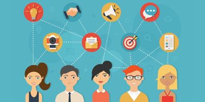 Illustration of five diverse people connected by dotted lines to icons representing ideas, communication, goals, email, camera, handshake, and a checklist—symbolizing teamwork and collaboration with the efficiency of a Great Virtual Receptionist.