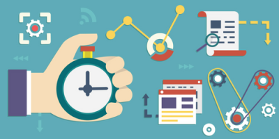 A hand holds a stopwatch surrounded by charts, gears, web pages, documents, and productivity tools, symbolizing time management, efficiency, and data analysis concepts.