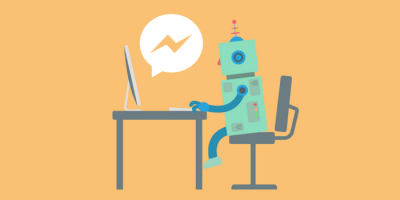 A cartoon robot sits in a chair at a desk using a computer, with a speech bubble showing a chat icon above its head. The solid orange background highlights the future of Customer Service Trends in technology-driven support.