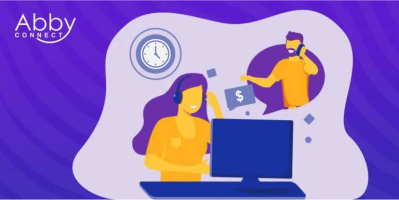 Illustration of a woman with a headset at a computer and a man talking on the phone, highlighting Abby Connect’s Call Handling Service. A clock and money symbol in a speech bubble are shown, with the Abby Connect logo in the corner.