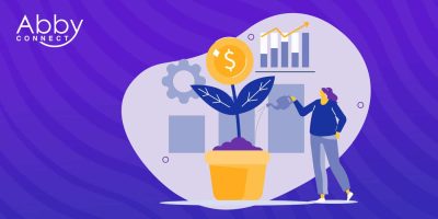 Illustration of a person watering a plant with a coin as a flower, with business charts and gears in the background. Abby Connect logo is displayed in the top left corner on a purple wavy background.