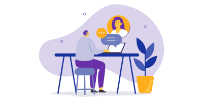 smb-inline-1 Illustration of a person sitting at a desk using a laptop for a video call with another person shown on the screen. A speech bubble indicates conversation. There is a potted plant beside the desk.