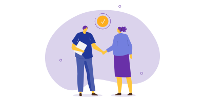 Illustration of two people shaking hands, one holding documents. There is a check mark in a circle above them, suggesting agreement or successful collaboration. The background is a soft purple shape with small decorative circles.