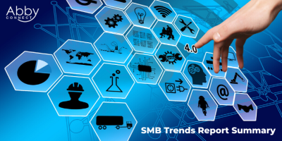 A hand touches hexagonal digital icons representing technology and business concepts, with Abby Connect and SMB Trends Report Summary text overlayed on a blue, networked background.
