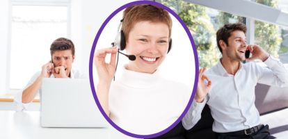 A worried man at a laptop, a smiling woman with a headset, and a cheerful man on a phone call, with the woman in the center framed by a purple oval.