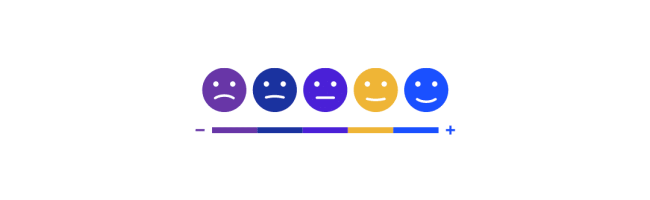 A horizontal scale with five faces ranging from sad to happy, colored from purple (sad) to blue (happy), above a segmented bar transitioning from purple to yellow to blue, indicating a rating or satisfaction scale.