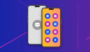 Phone display with circular app icons representing AI phone answering service features like scheduling, analytics, messaging, and integrations