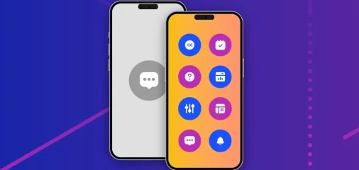 Phone display with circular app icons representing AI phone answering service features like scheduling, analytics, messaging, and integrations
