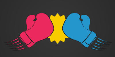 Illustration of a red boxing glove and a blue boxing glove colliding, with a yellow burst at the center symbolizing impact, on a dark background.