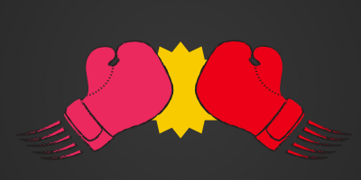 Two cartoon boxing gloves, one pink and one red, collide with a yellow burst at the center, symbolizing impact, against a dark background.