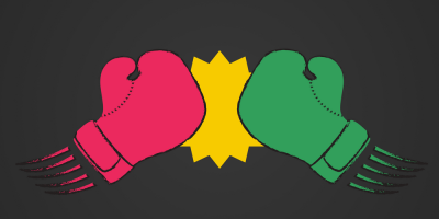 Illustration of a red boxing glove and a green boxing glove colliding with a yellow burst shape at the center, set against a dark background.