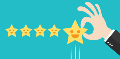 An illustrated hand gives a five-star rating, picking up a smiling star from a row of five yellow stars on a blue background.